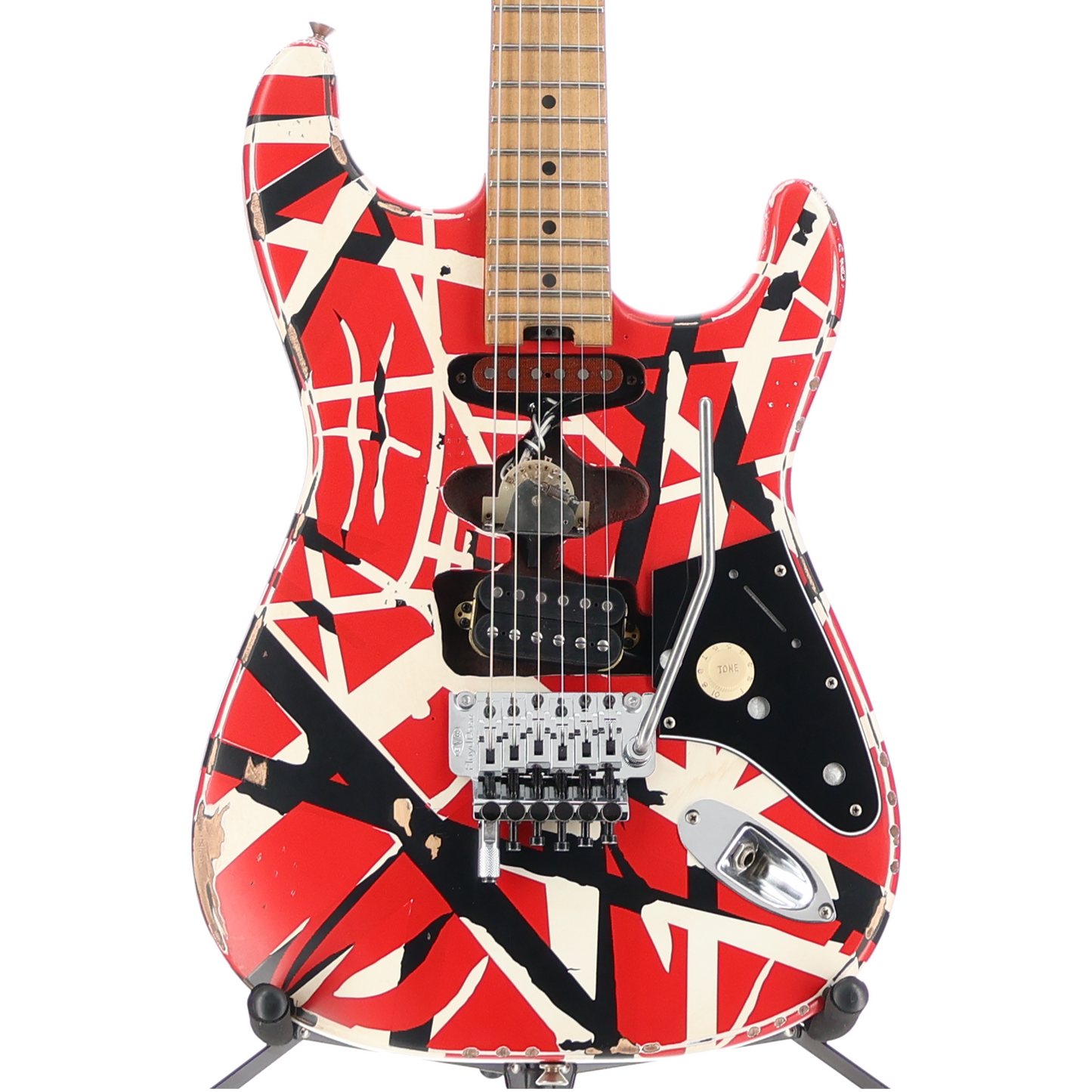 EVH Striped Series Frankenstein Frankie, Maple Fingerboard, Red with Black Stripes Relic (SR) (01581)