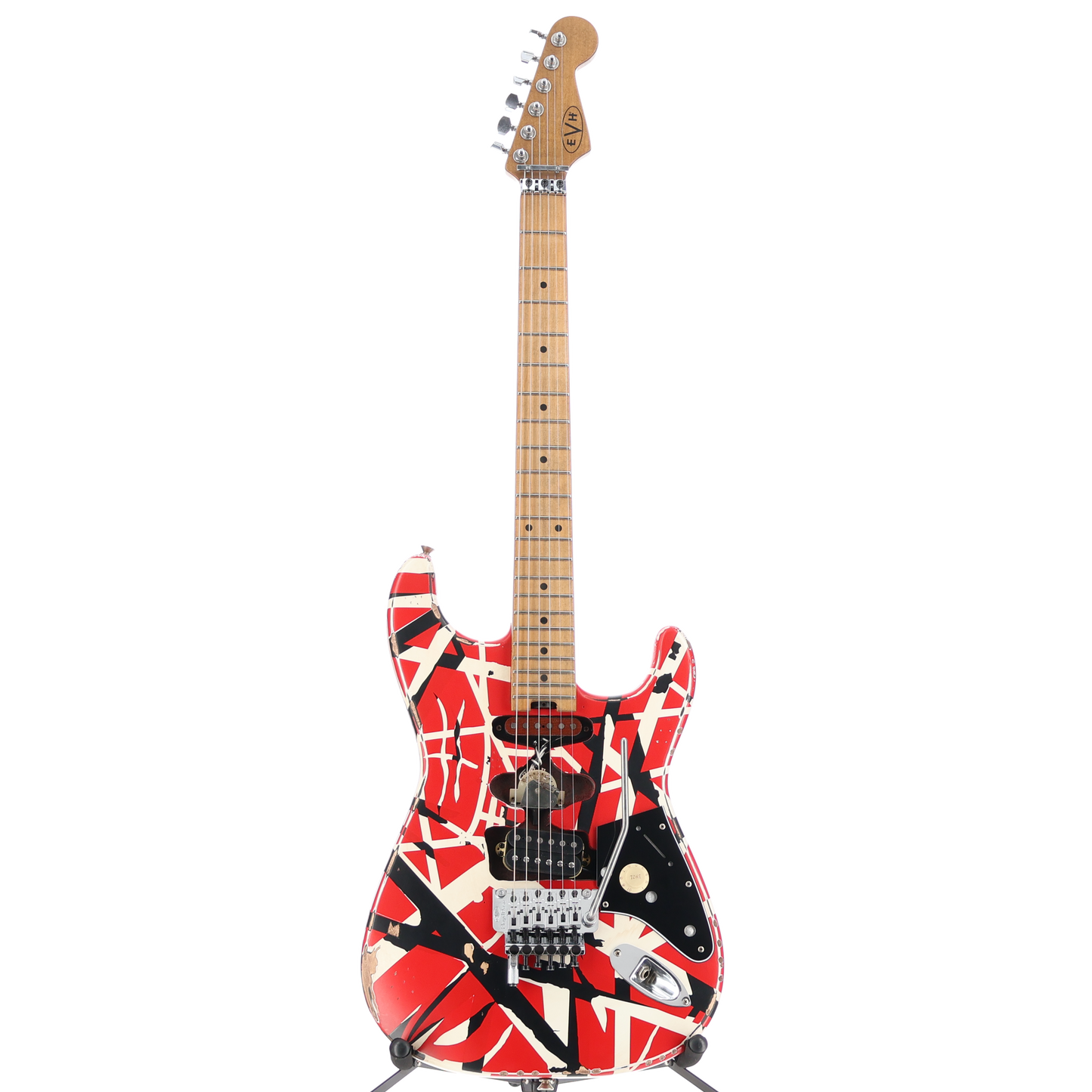 EVH Striped Series Frankenstein Frankie, Maple Fingerboard, Red with Black Stripes Relic (SR) (01581)