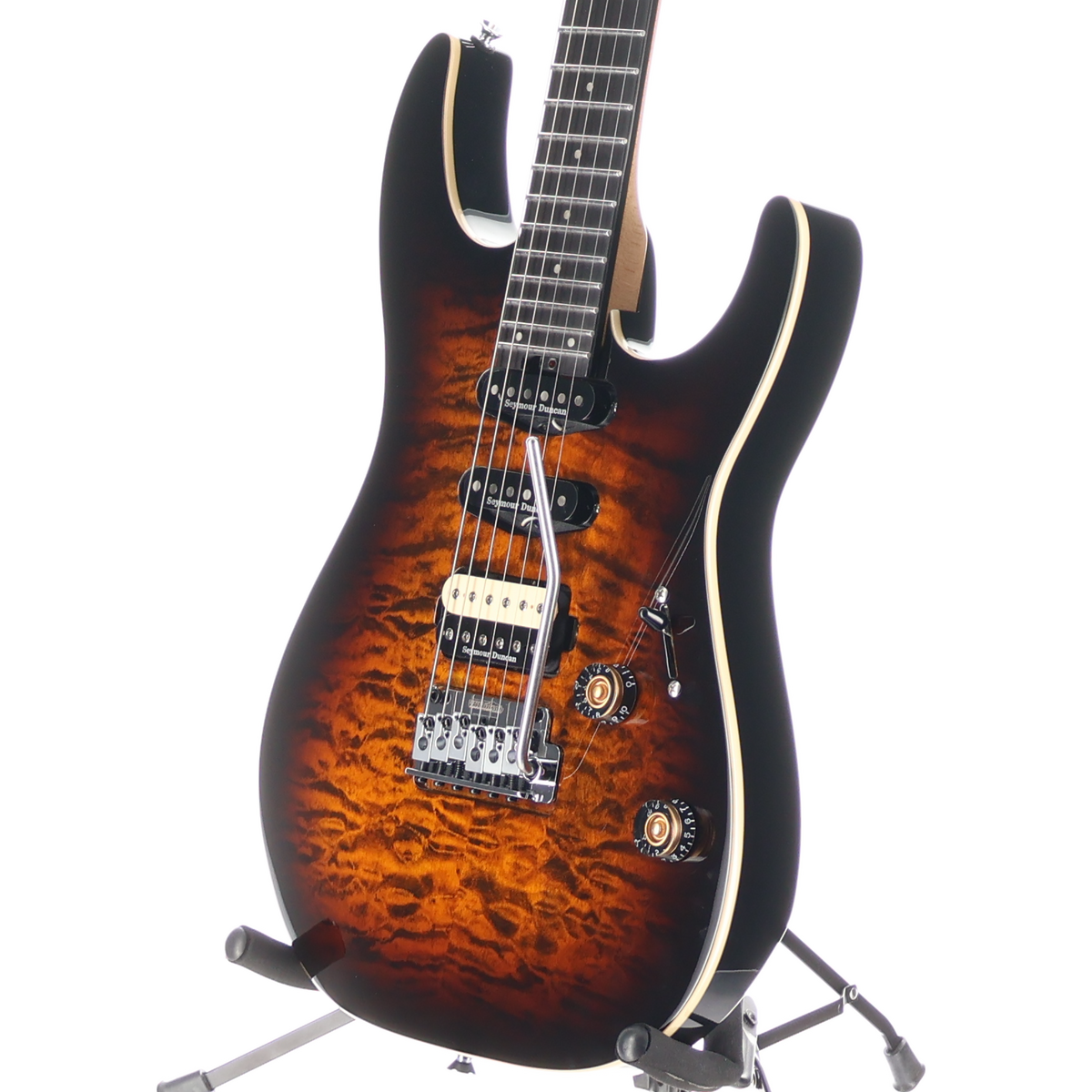 Charvel Pro-Mod Plus Dinky DK24 HSS 2PT EB QM, Ebony Fingerboard, Amber Tiger Eye (Z13) (00489)