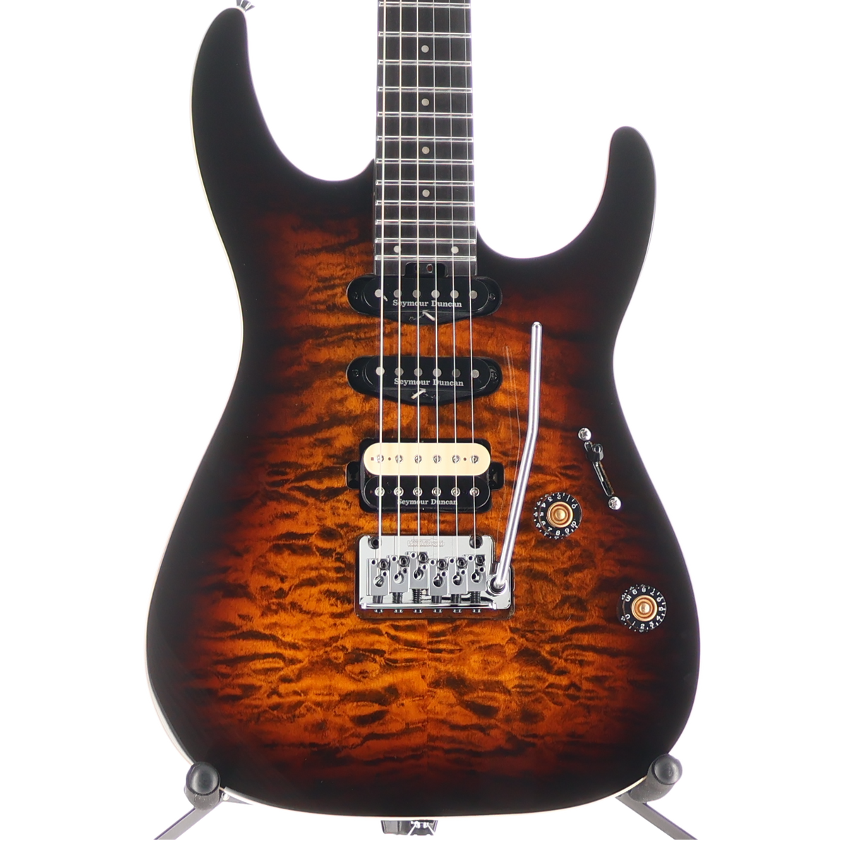 Charvel Pro-Mod Plus Dinky DK24 HSS 2PT EB QM, Ebony Fingerboard, Amber Tiger Eye (Z13) (00489)