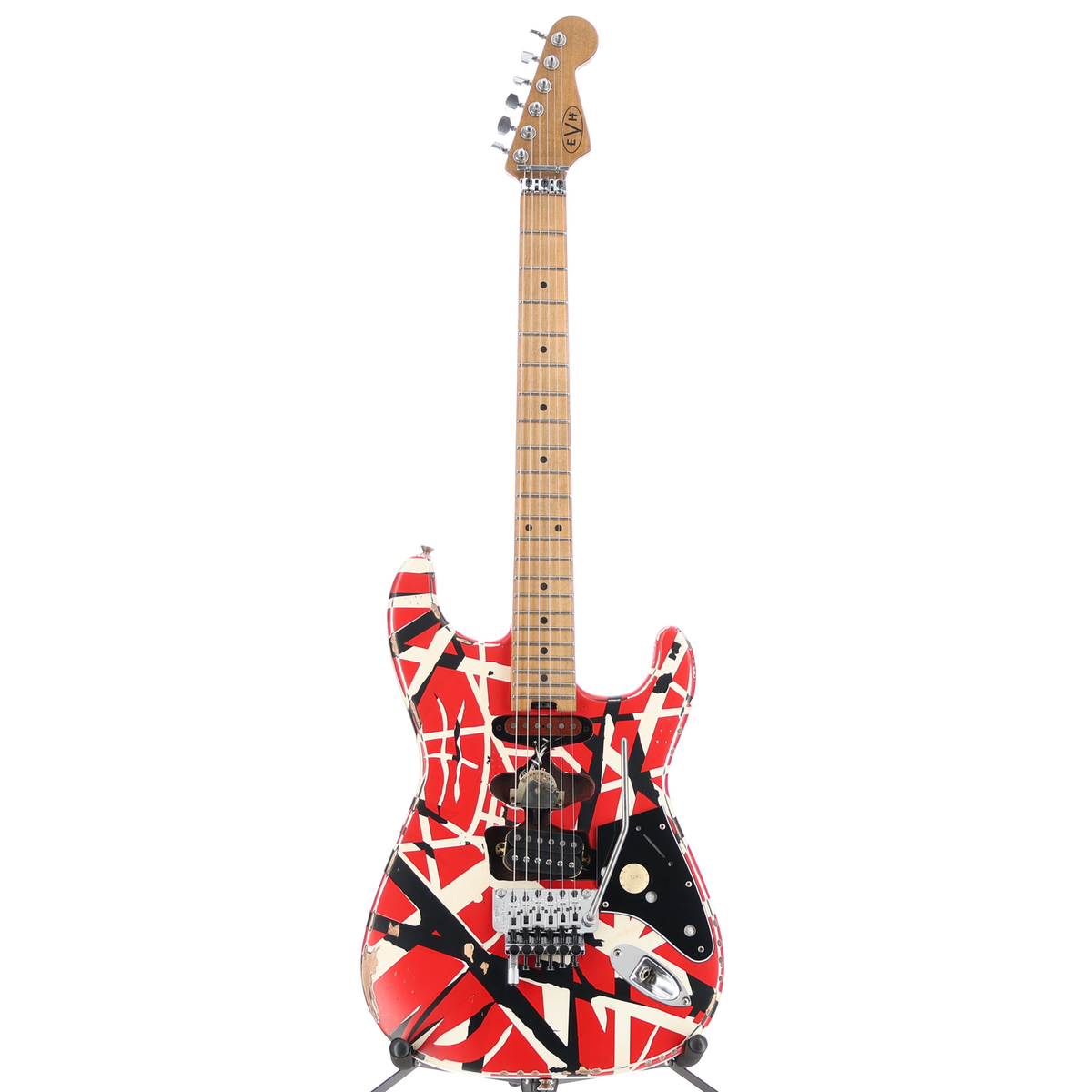 EVH Striped Series Frankenstein Frankie, Maple Fingerboard, Red with Black Stripes Relic (SR) (01581)