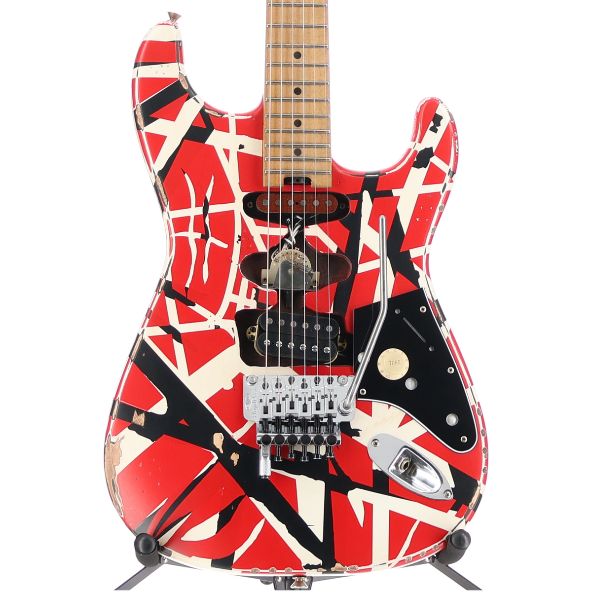 EVH Striped Series Frankenstein Frankie, Maple Fingerboard, Red with Black Stripes Relic (SR) (01581)