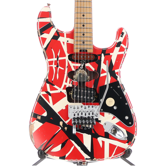 EVH Striped Series Frankenstein Frankie, Maple Fingerboard, Red with Black Stripes Relic (SR) (01581)