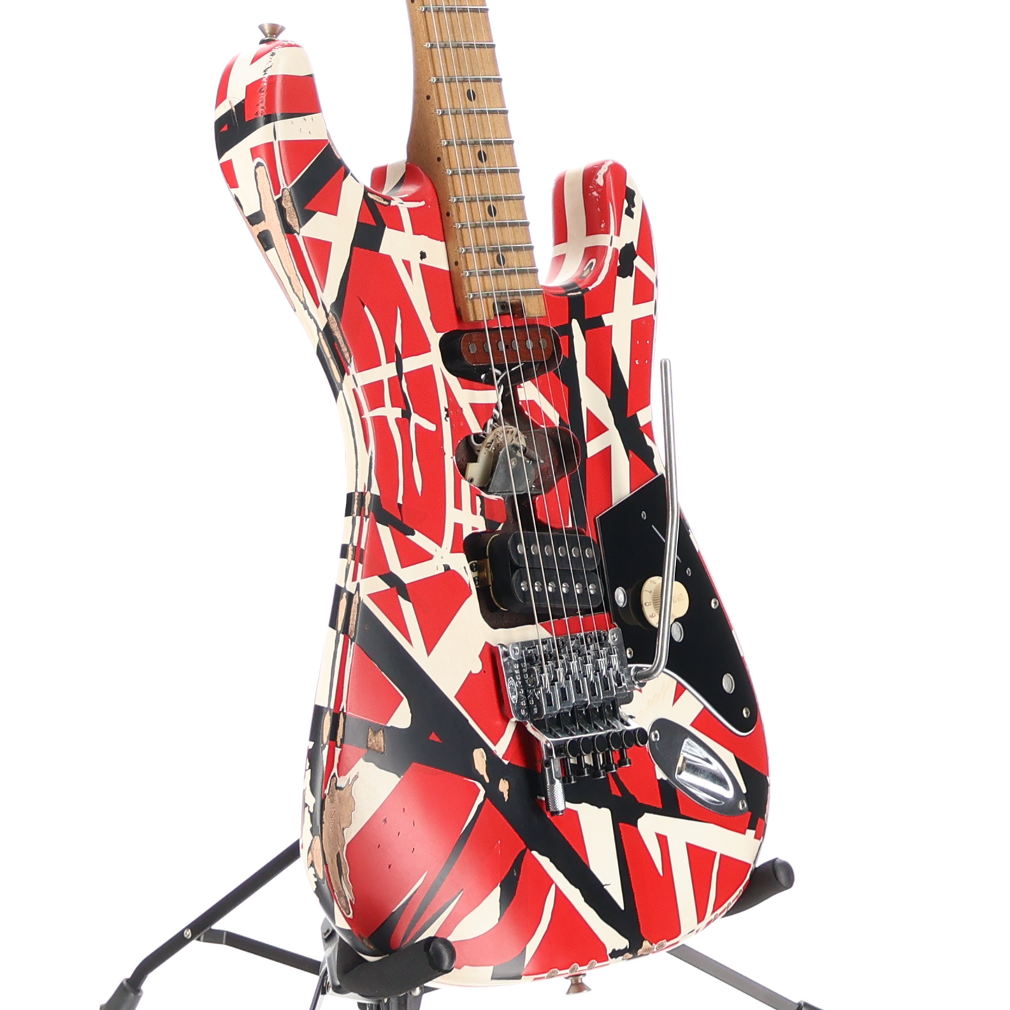 EVH Striped Series Frankenstein Frankie, Maple Fingerboard, Red with Black Stripes Relic (SR) (01581)
