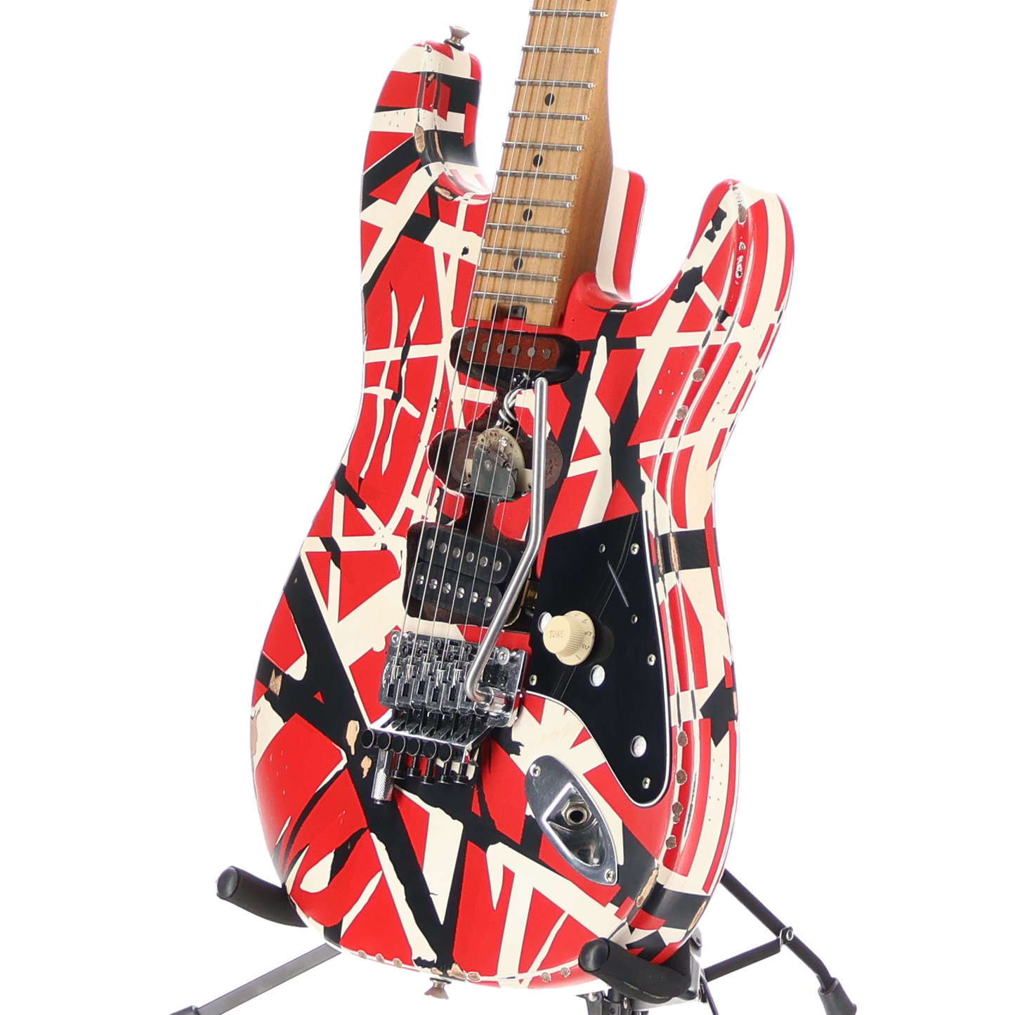 EVH Striped Series Frankenstein Frankie, Maple Fingerboard, Red with Black Stripes Relic (SR) (01581)