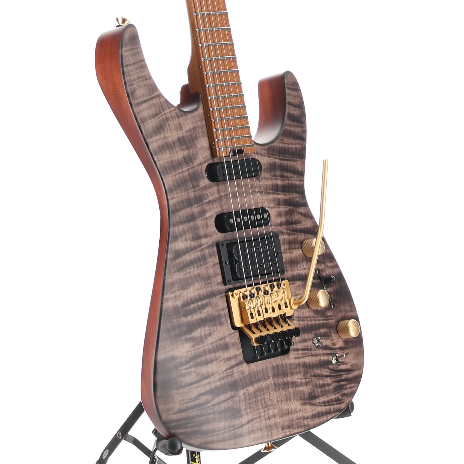 Jackson USA Signature Phil Collen PC1 Satin Stain, Caramelized Flame Maple Fingerboard, Satin Transparent Black (RC3) (17629)