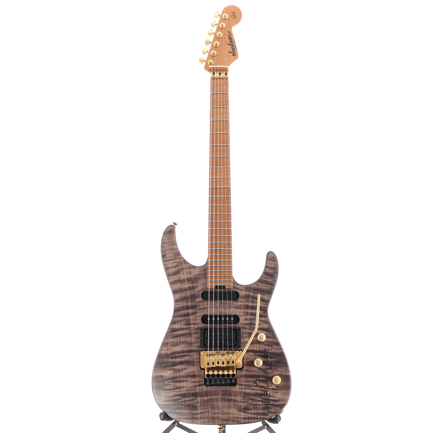 Jackson USA Signature Phil Collen PC1 Satin Stain, Caramelized Flame Maple Fingerboard, Satin Transparent Black (RC3) (17629)