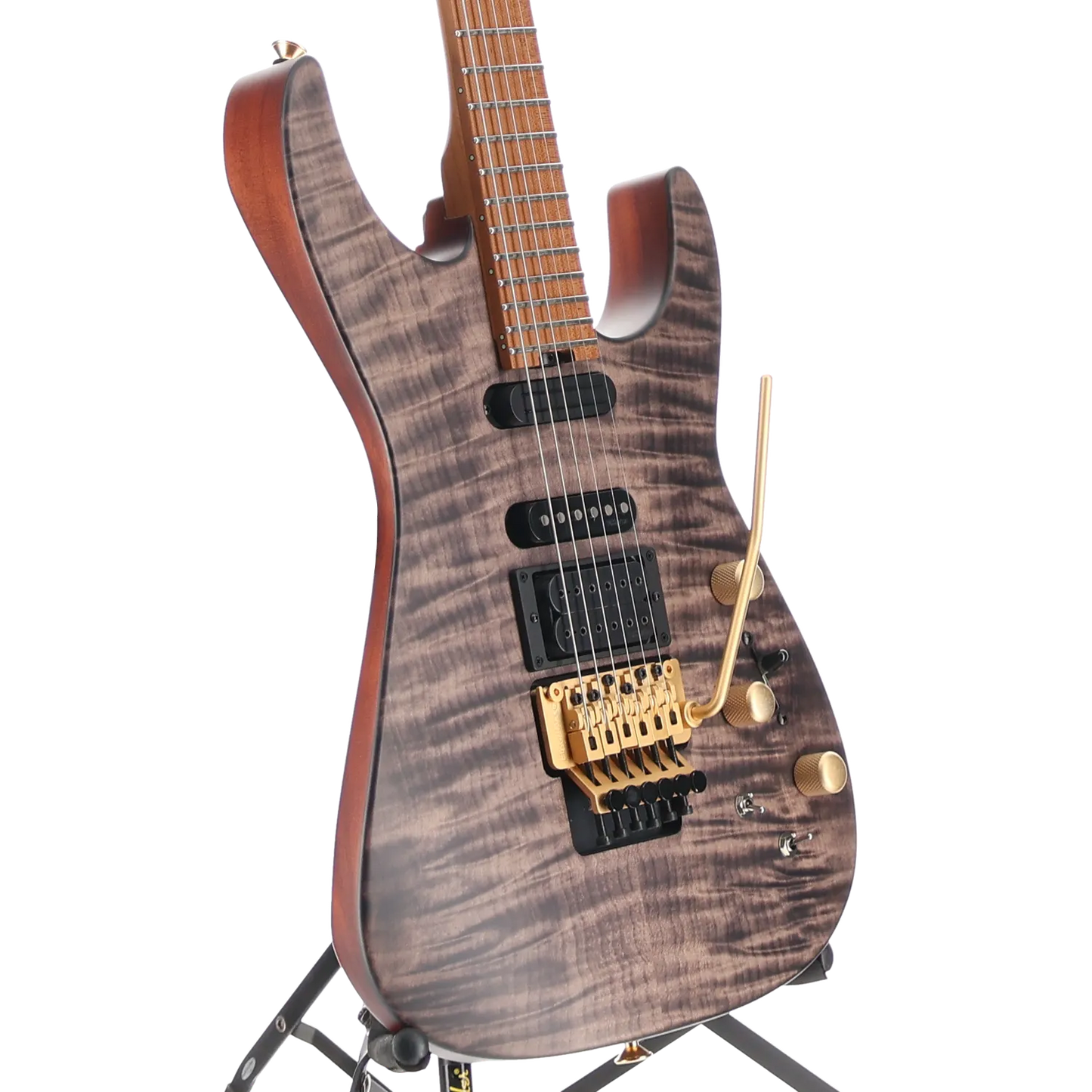 USA Signature Phil Collen PC1 Satin Stain, Caramelized Flame Maple Fingerboard, Satin Transparent Black (RC3) (17629)