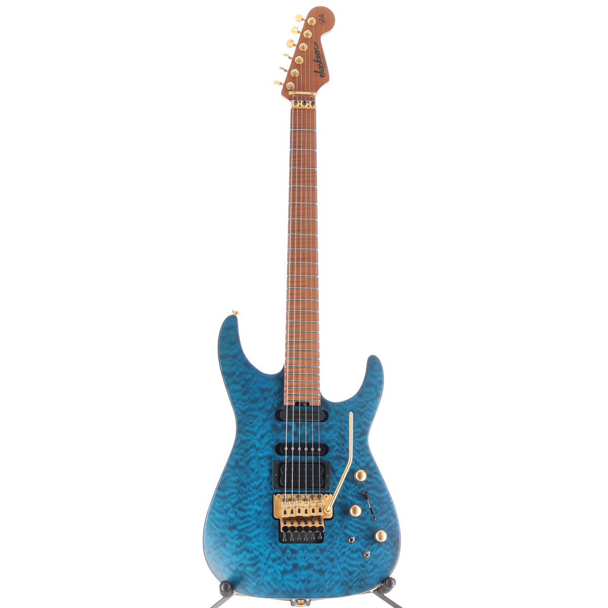 Jackson USA Signature Phil Collen PC1 Satin Stain, Caramelized Flame Maple Fingerboard, Satin Transparent Blue (T9) (12360)